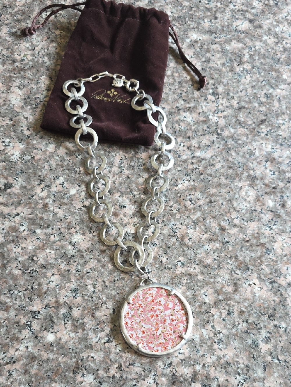 Patricia Nash Pink Leather Print  Medallion Hammered Silver Chain Necklace
